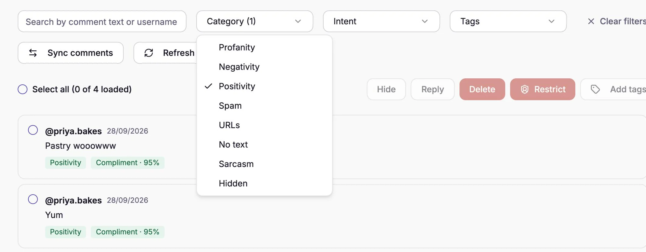 The Bulk actions tab with the Category filter open, listing Profanity, Negativity, Positivity (ticked), Spam, URLs, No text, Sarcasm and Hidden, and two matching comments below.