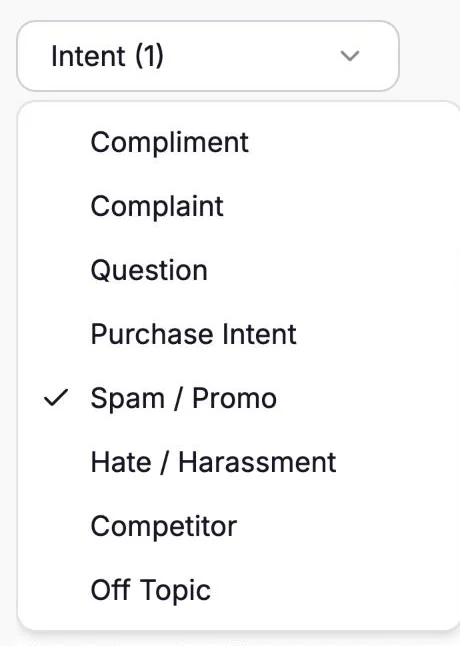 The Intent filter open on the Bulk actions tab, listing Compliment, Complaint, Question, Purchase Intent, Spam / Promo (ticked), Hate / Harassment, Competitor and Off Topic.