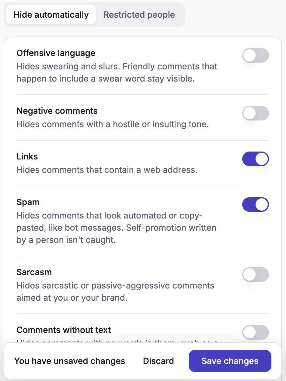 Links and Spam switched on, with a bar at the bottom that says You have unsaved changes, with Discard and Save changes buttons.